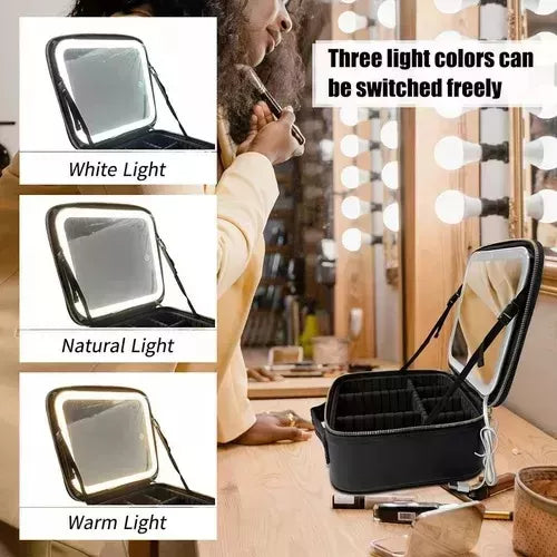 ¡Tu Estudio de Maquillaje Portátil con Luz! Estuche Cosmético con Espejo LED Tricolor Ajustable
