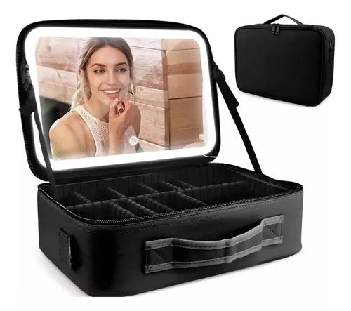¡Tu Estudio de Maquillaje Portátil con Luz! Estuche Cosmético con Espejo LED Tricolor Ajustable